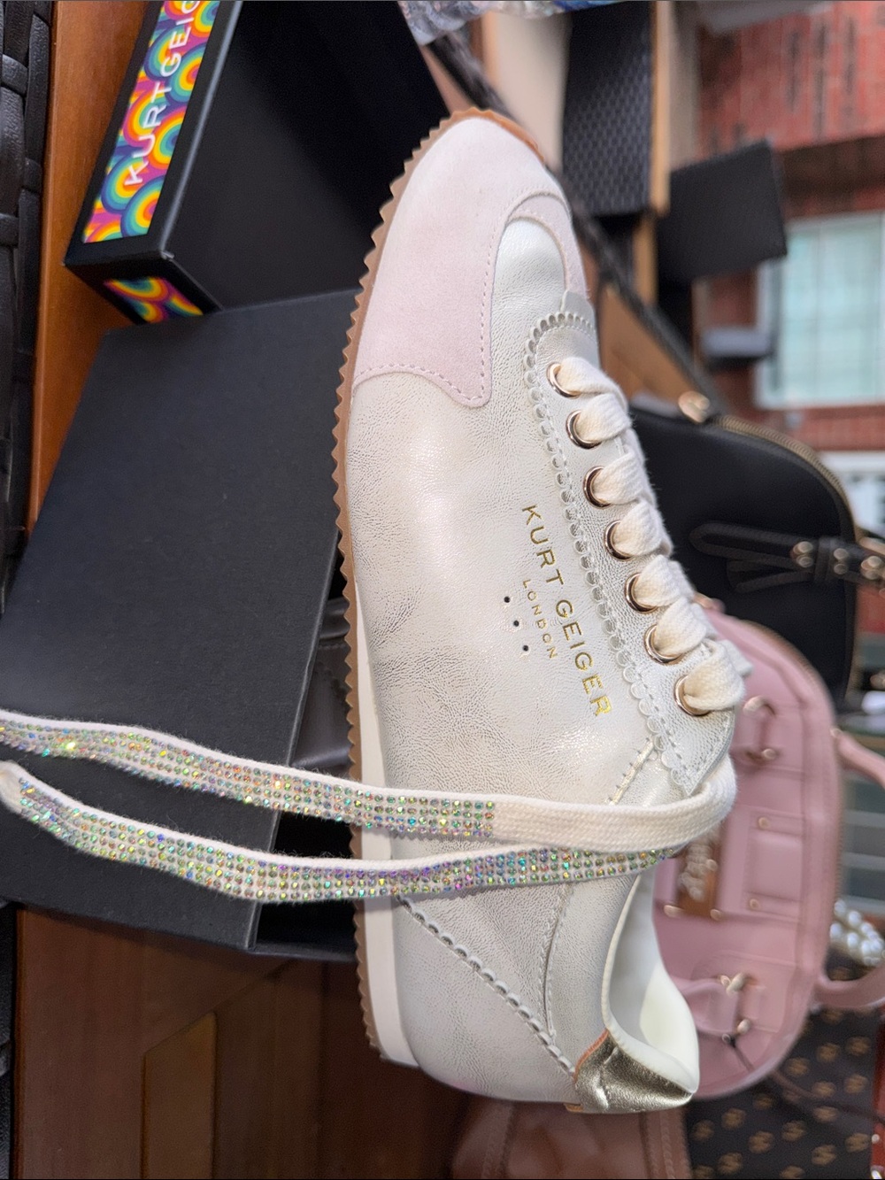 Kurt Geiger Gold and Pink Leather Sneaker with Crystal Laces